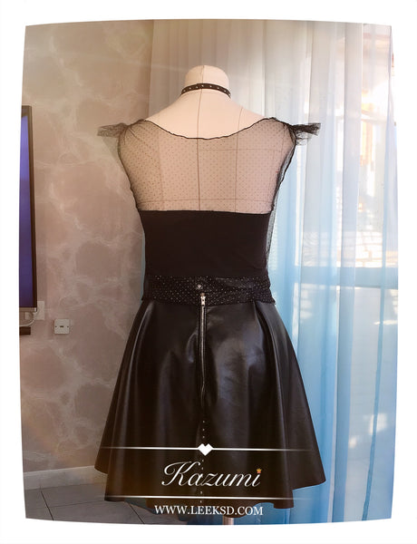 Handmade Skirt & Top, Designer Wear, Tulle top, Leather Skirt, Evening Top, Party Wear, Club Wear, Women Top, Tulle Blouse, Black Skirt, Size S/M/L